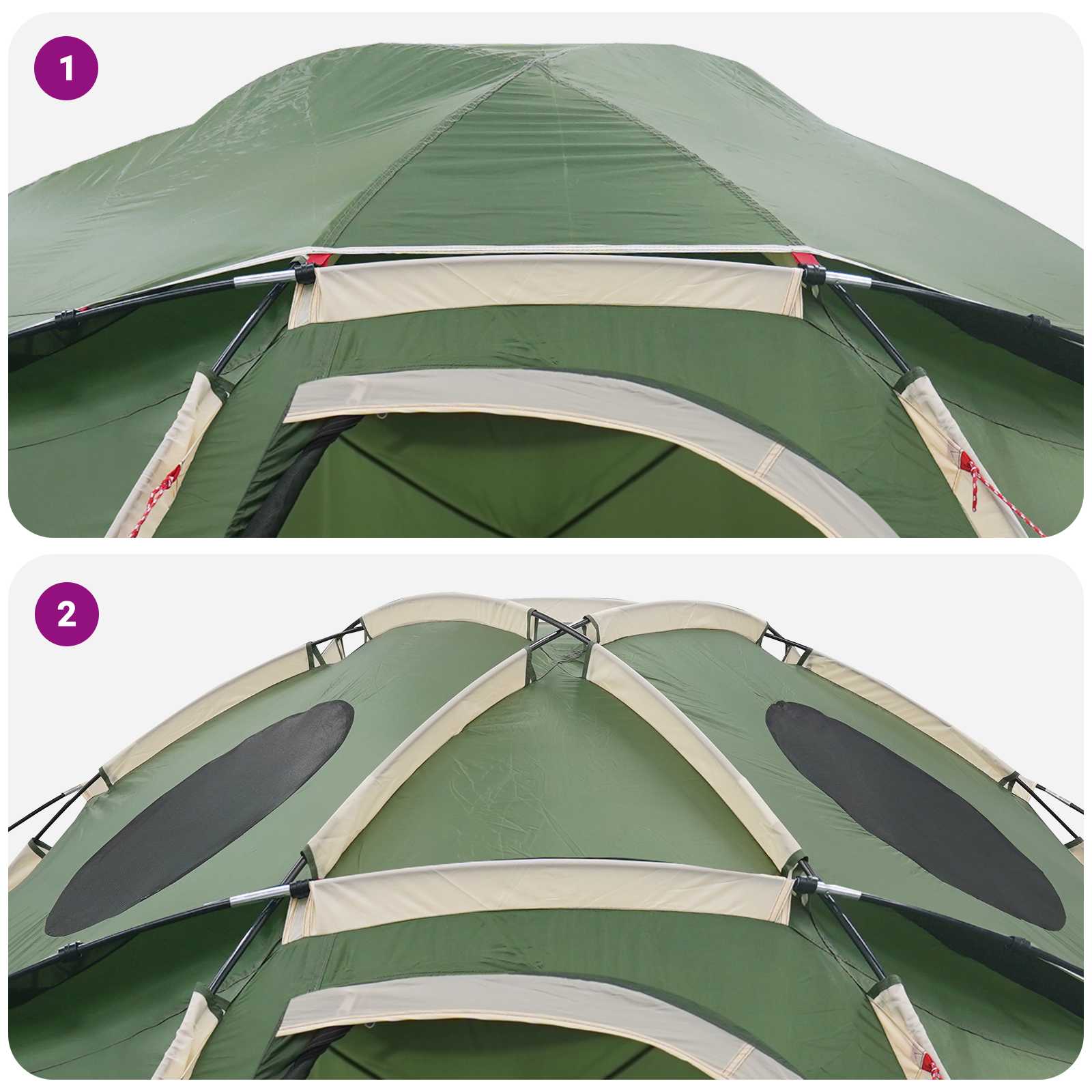 Detail van de groene vidaXL koepeltent met verwijderbare regenkap en ventilatieroosters.