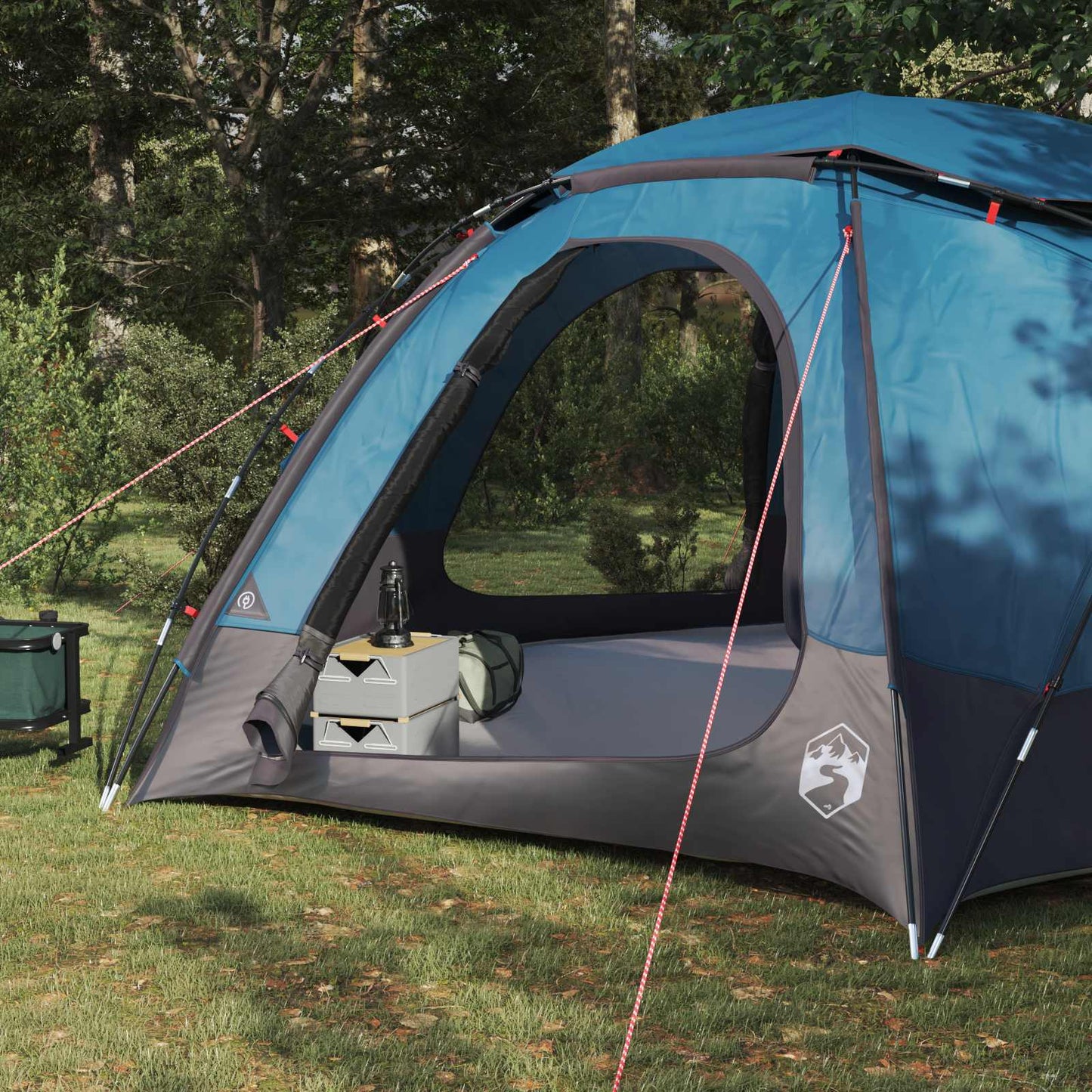 Detail van de vidaXL koepeltent met blauwe regenkap en open zijwand.