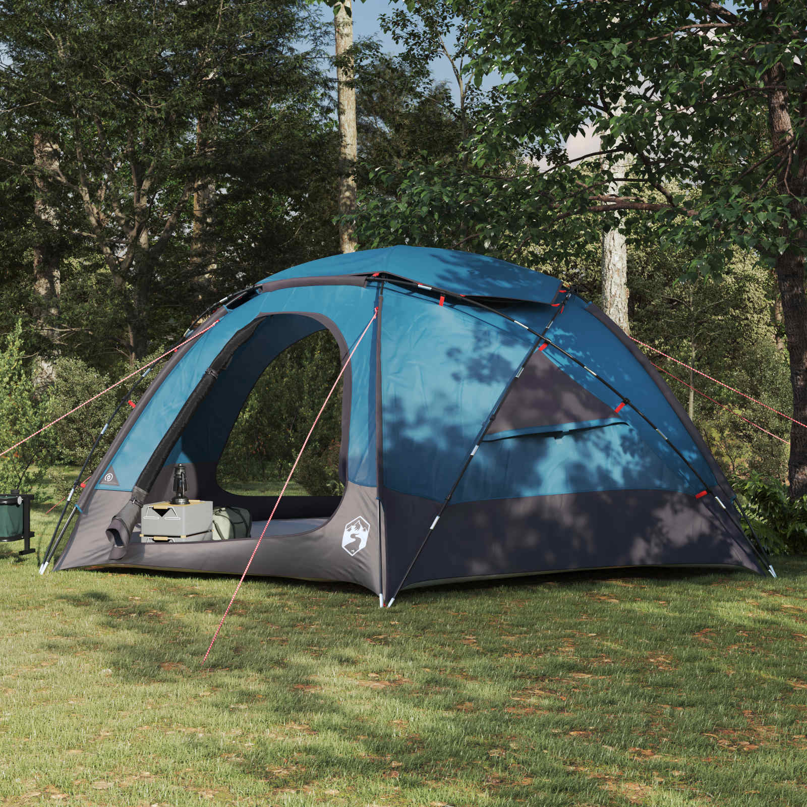 Blauwe vidaXL koepeltent met verwijderbare regenkap, zijaanzicht in een groene omgeving.