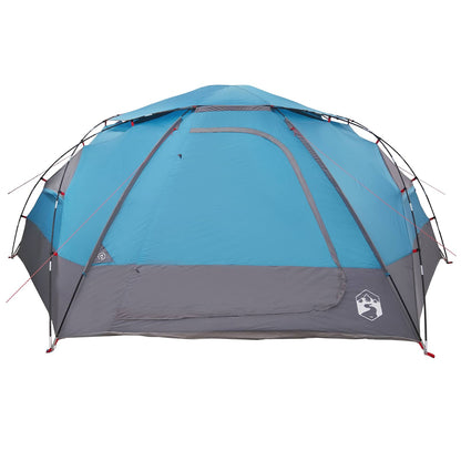 Zijaanzicht van de vidaXL koepeltent met blauwe en grijze kleuren, inclusief regenkap.