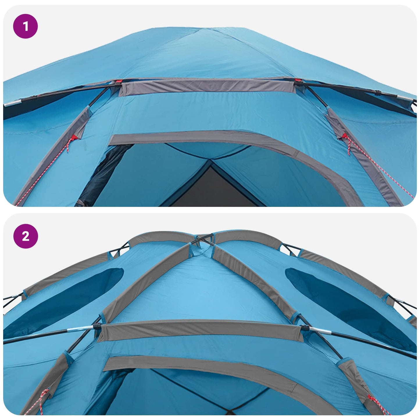 Detail van de blauwe vidaXL koepeltent met verwijderbare regenkap, zicht op de bovenkant en ventilatie-openingen.