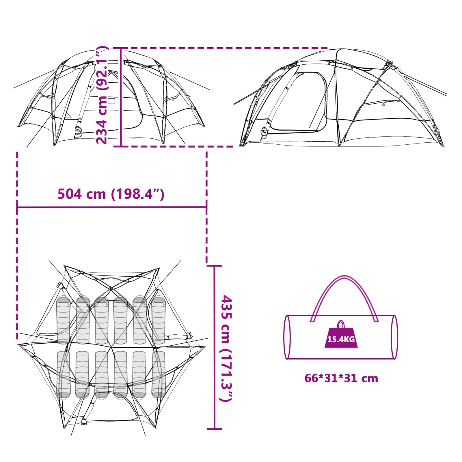 Detailtekening van de vidaXL koepeltent met afmetingen en opbergzak.