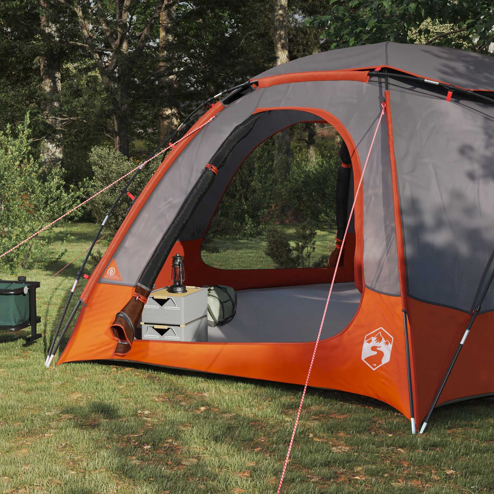 Detail van de vidaXL koepeltent met grijze en oranje kleuren, zijaanzicht van de ingang.