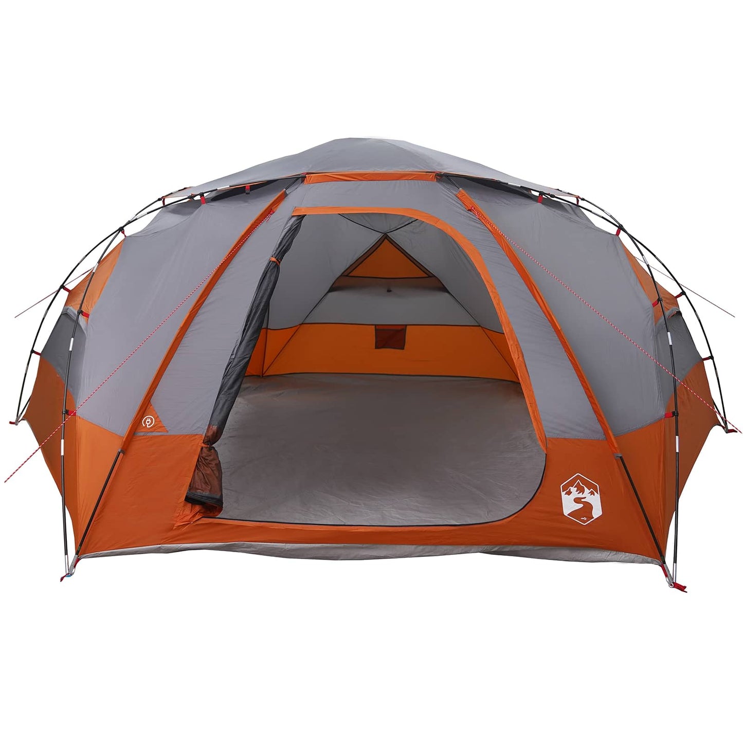 Zijaanzicht van de vidaXL koepeltent met grijze en oranje details, inclusief ingang en ventilatie.