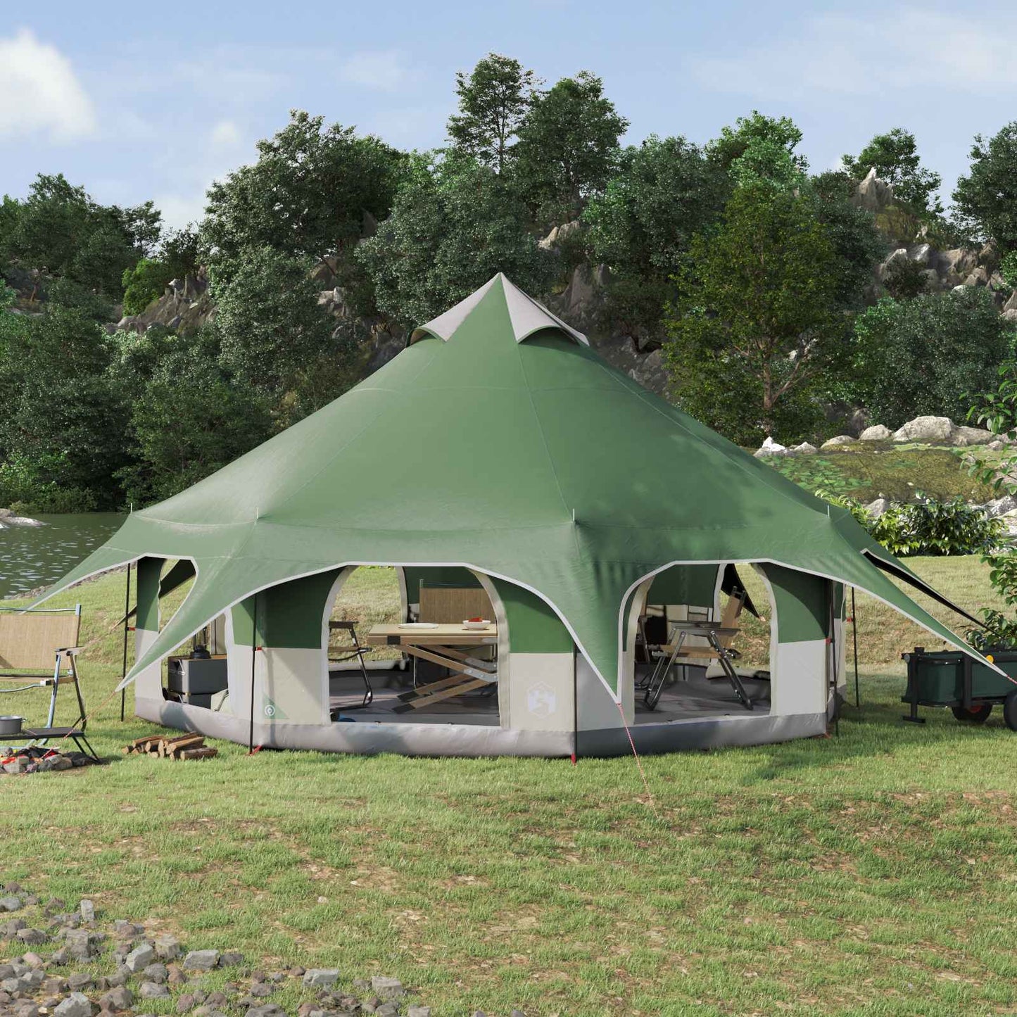 Groene vidaXL gezinstent voor 10 personen met een ruim, rond ontwerp in de natuur.