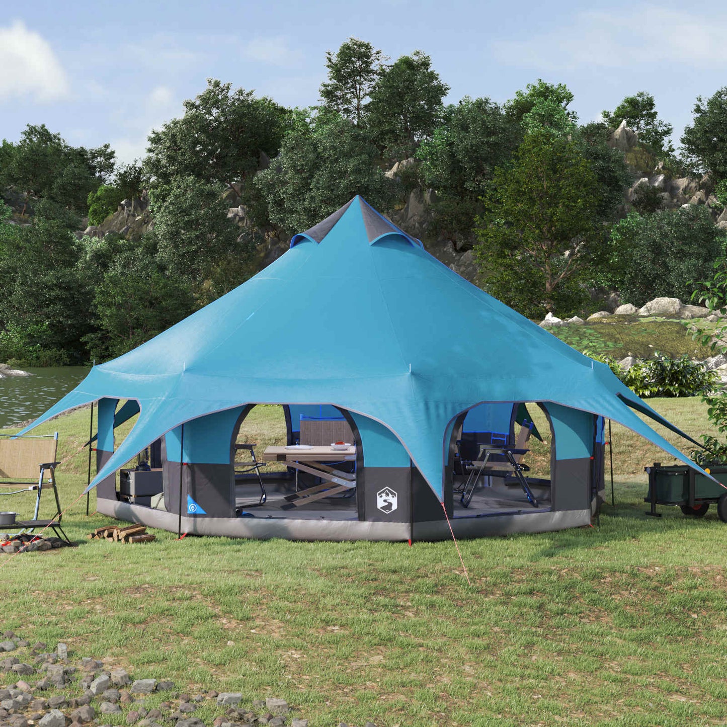 Blauwe vidaXL gezinstent voor 10 personen met waterbestendige bescherming in een natuurlijke omgeving.