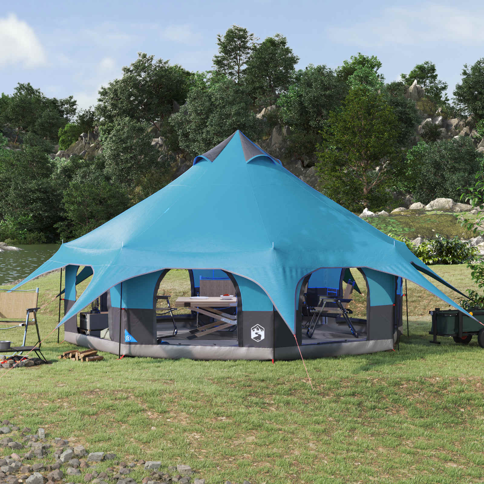Blauwe vidaXL gezinstent voor 10 personen met waterbestendige bescherming in een natuurlijke omgeving.