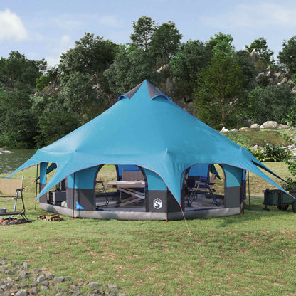 Blauwe vidaXL gezinstent voor 10 personen met waterbestendige bescherming in een natuurlijke omgeving.