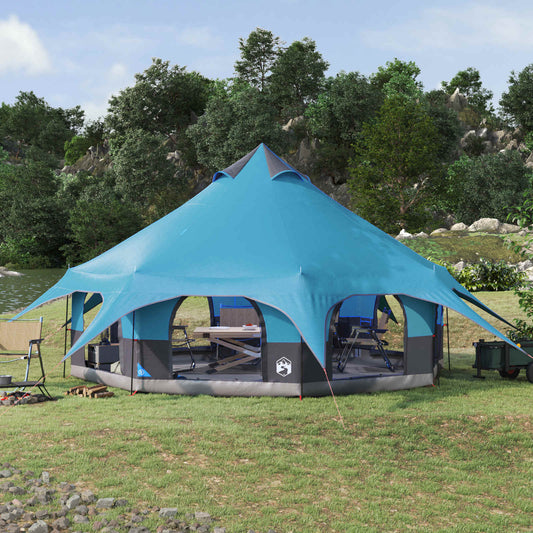 Blauwe vidaXL gezinstent voor 10 personen met waterbestendige bescherming in een natuurlijke omgeving.
