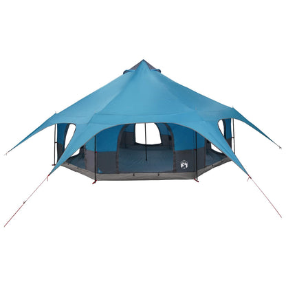 Zijaanzicht van de vidaXL Gezinstent Blauw, met opvallende tentdoek en stevige haringen.