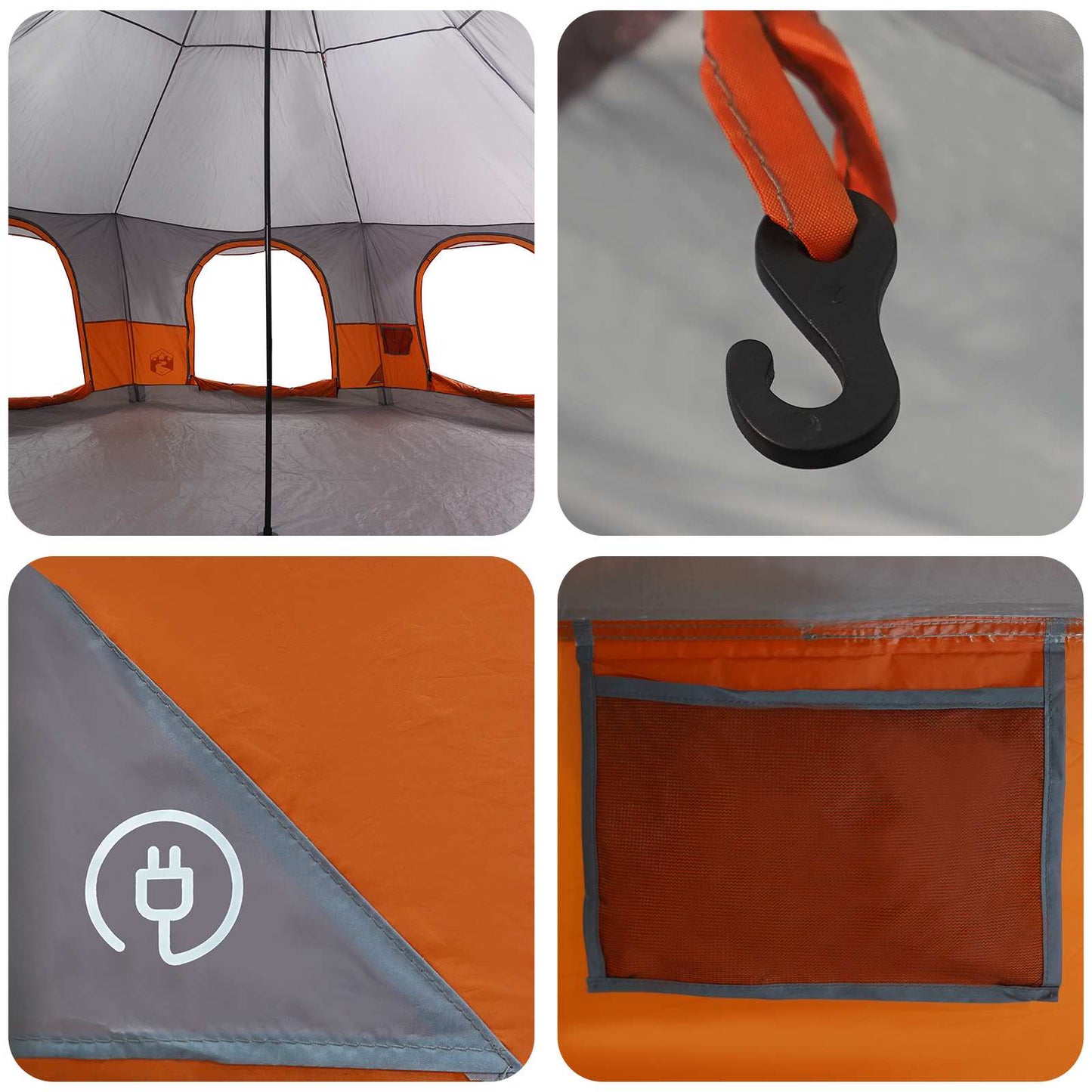Detail van de vidaXL Gezinstent met oranje en grijze kleur, inclusief haak en opbergvak.