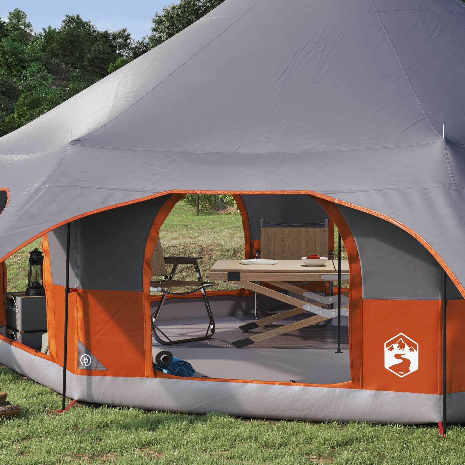 Zijaanzicht van de vidaXL Gezinstent met oranje en grijze details, inclusief open ingangen.