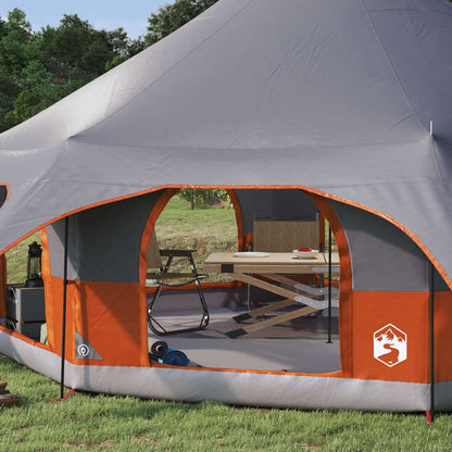 Zijaanzicht van de vidaXL Gezinstent met oranje en grijze details, inclusief open ingangen.