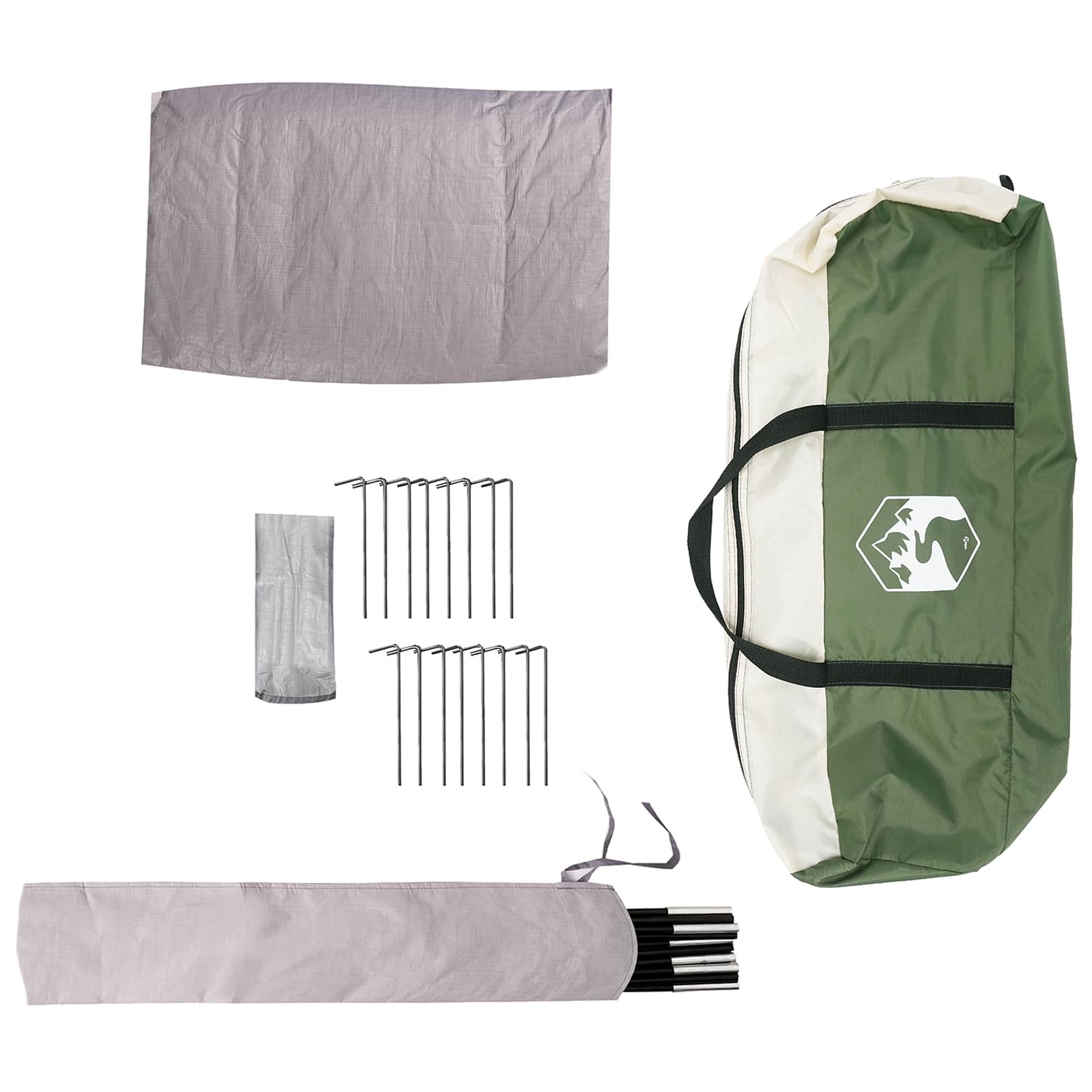 Detail van de vidaXL gezinstent met accessoires, waaronder haringen en draagtas.