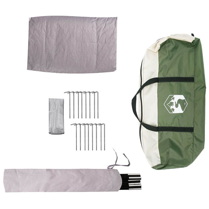 Detail van de vidaXL gezinstent met accessoires, waaronder haringen en draagtas.