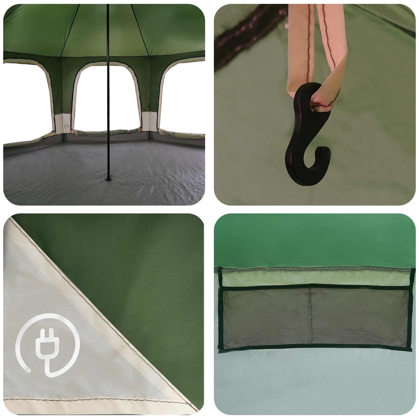 Detail van het interieur van de vidaXL gezinstent met steunpaal en ophanghaak.