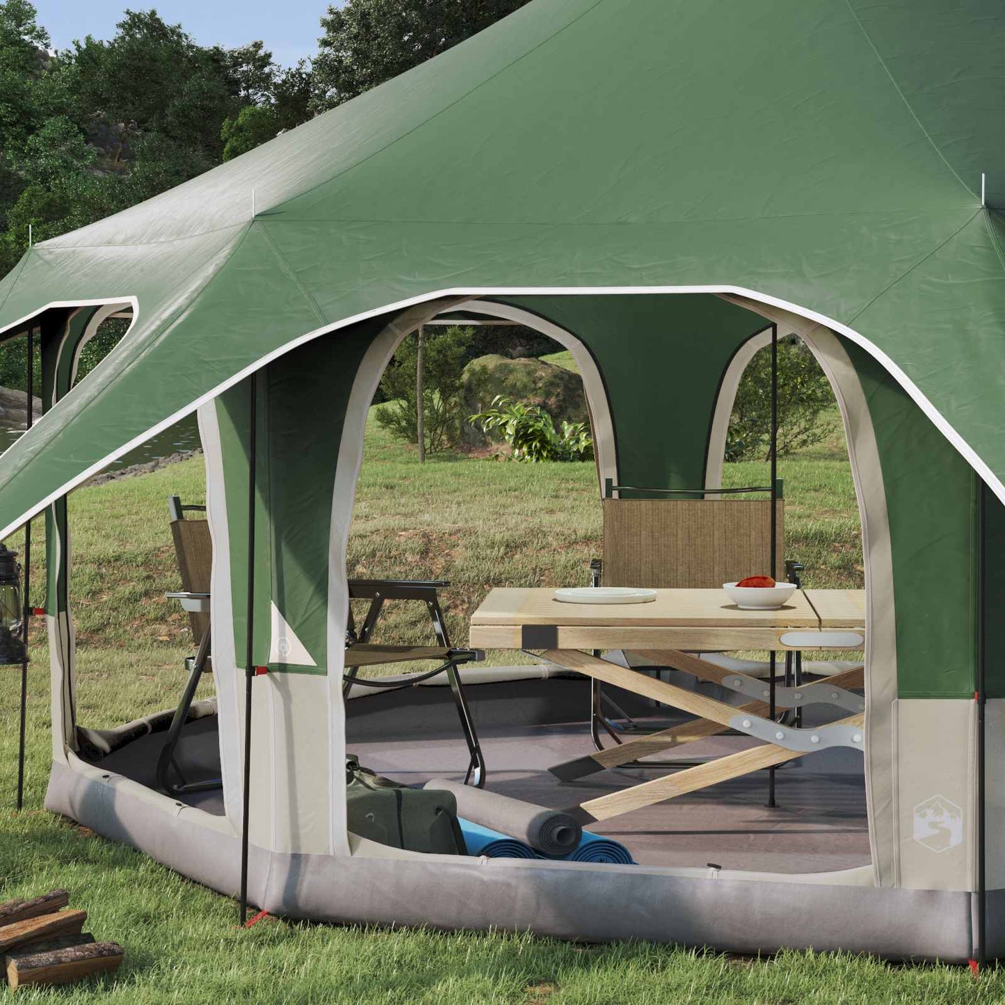 Detail van de vidaXL gezinstent met een tafel en stoelen binnenin.