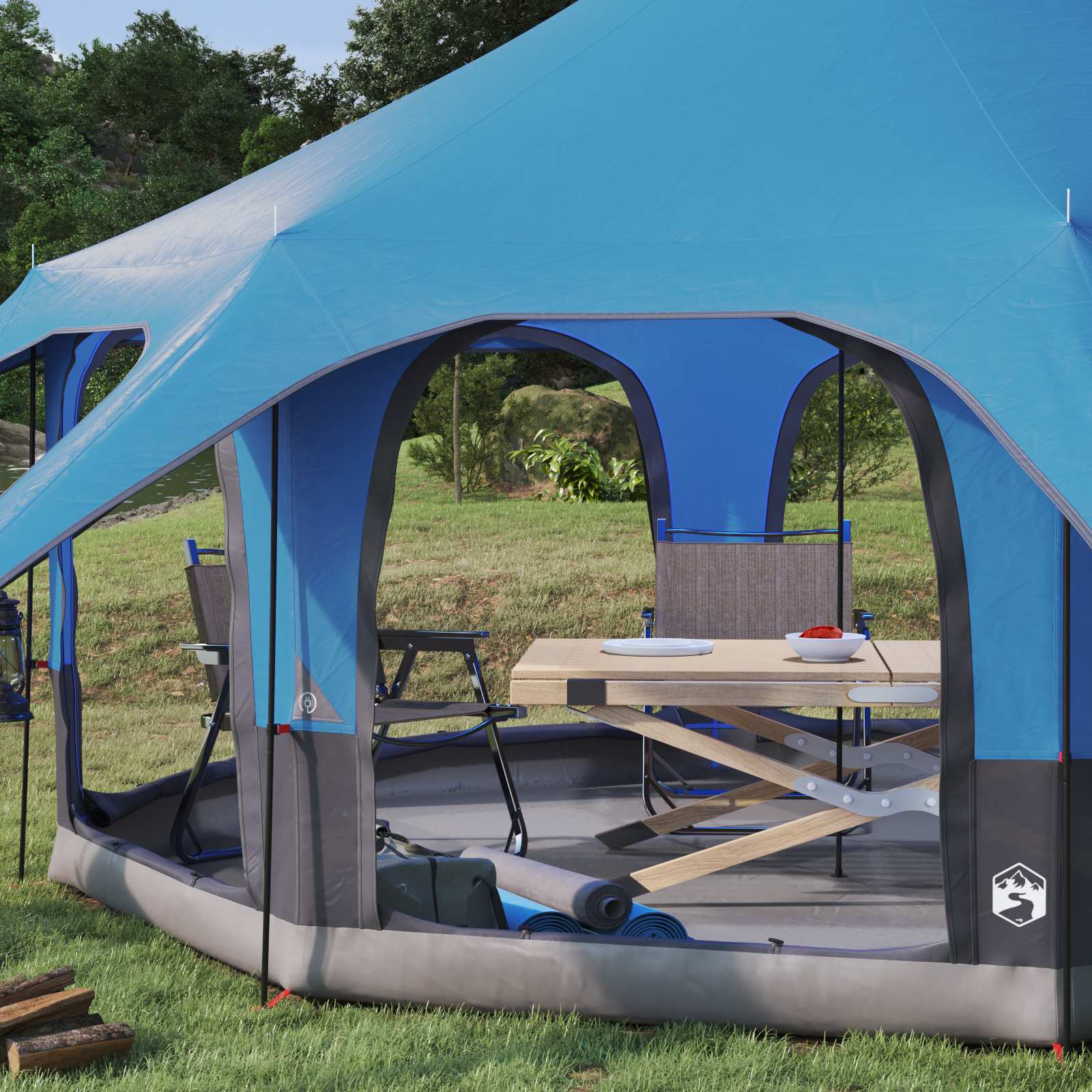 Detail van de vidaXL gezinstent met blauwe zijwanden en een opgezette tafel en stoelen.