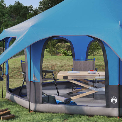 Detail van de vidaXL gezinstent met blauwe zijwanden en een opgezette tafel en stoelen.