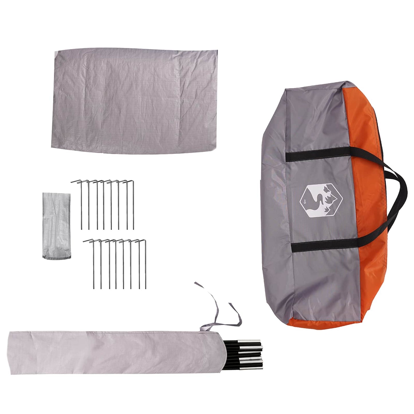 Detail van de accessoires van de vidaXL Grijs en Oranje gezinstent, inclusief stokken en haringen.