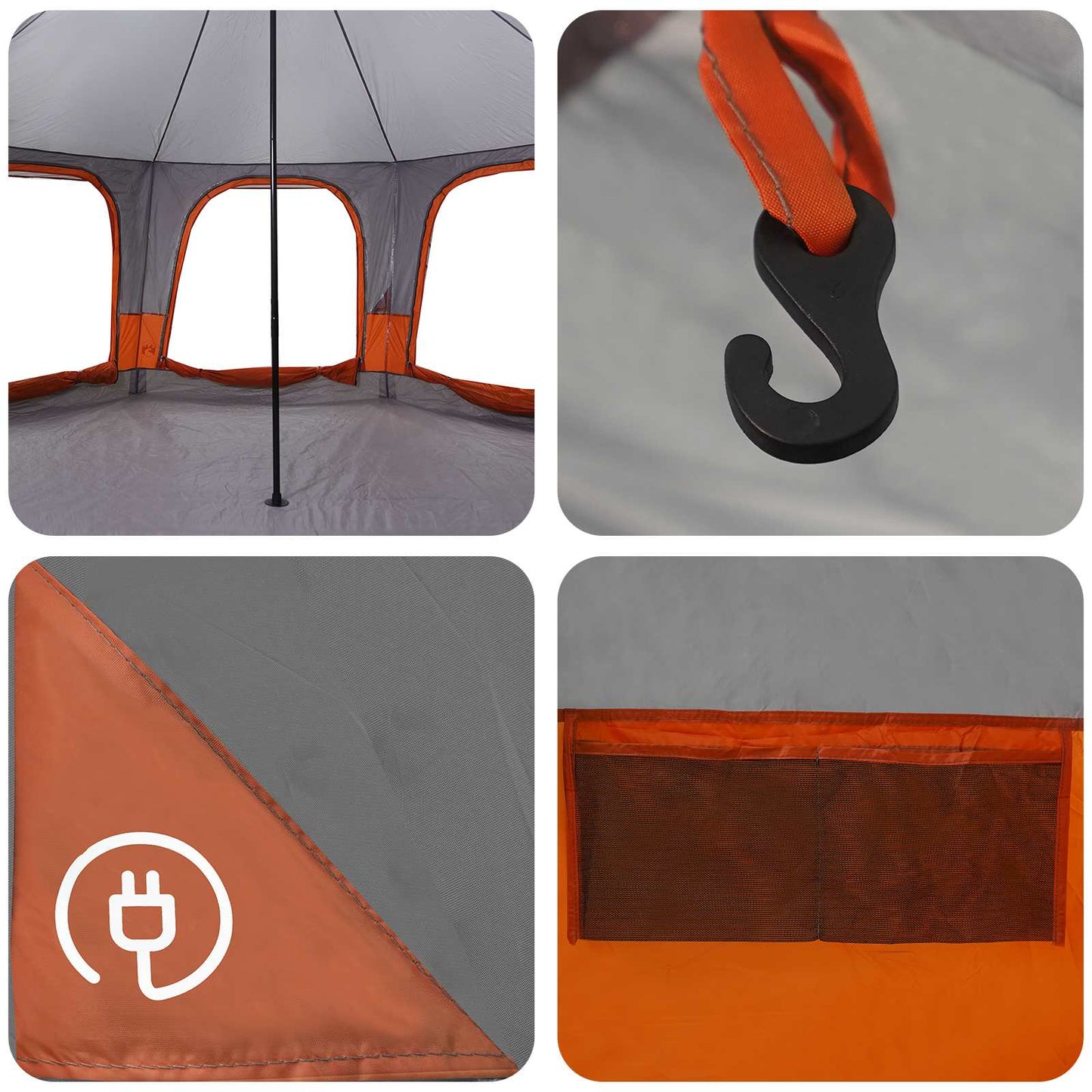 Detail van de grijze en oranje vidaXL gezinstent met haak en ventilatierooster.