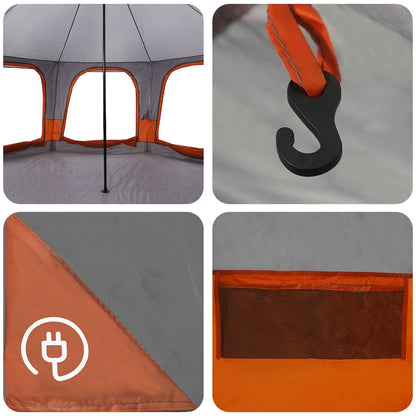 Detail van de grijze en oranje vidaXL gezinstent met haak en ventilatierooster.