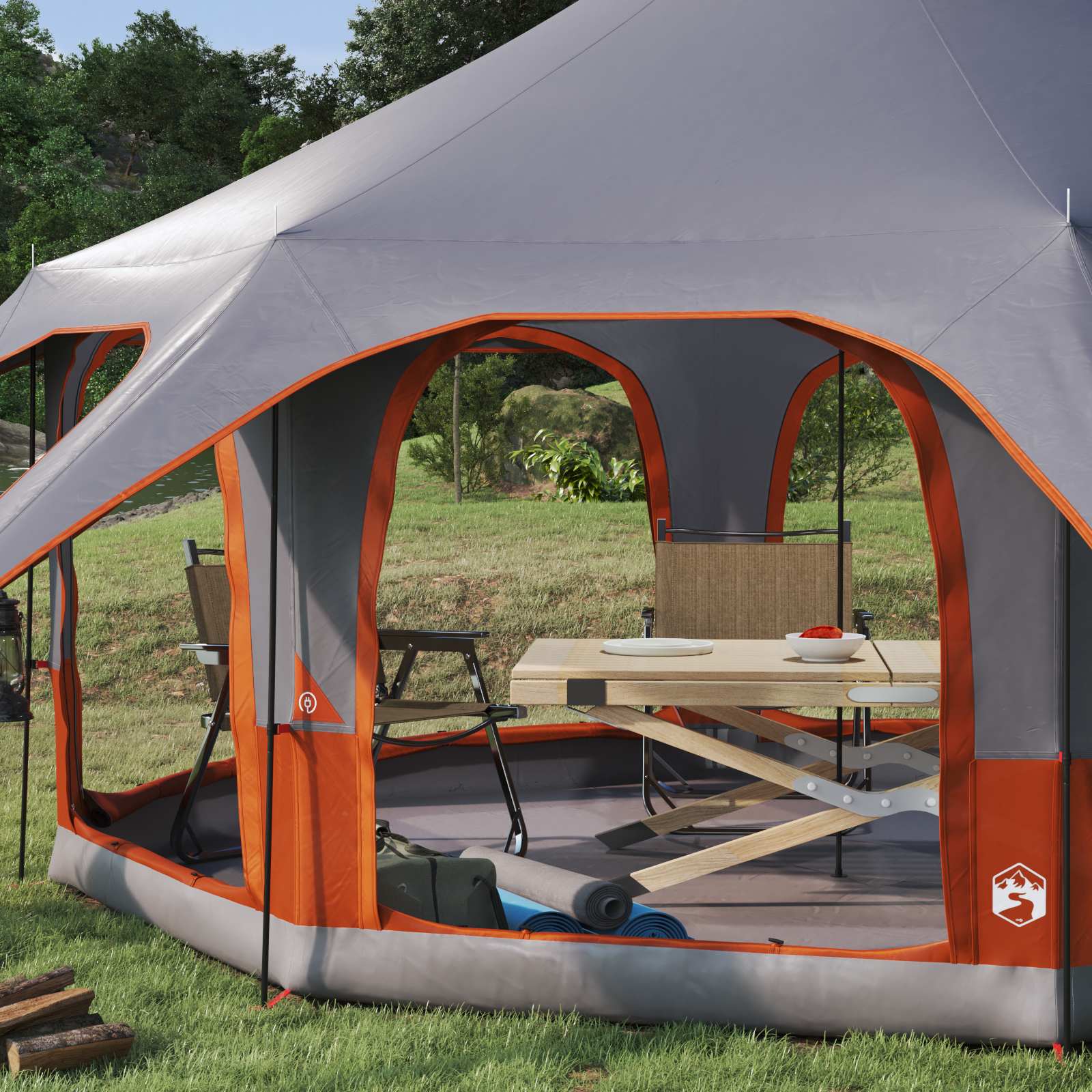 Detail van de vidaXL gezinstent met grijze en oranje kleur, inclusief openingen en binneninrichting.
