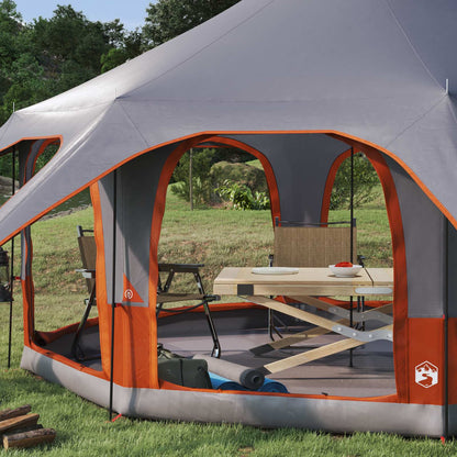 Detail van de vidaXL gezinstent met grijze en oranje kleur, inclusief openingen en binneninrichting.