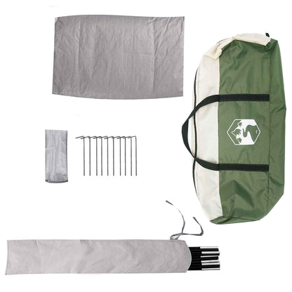 Detail van de vidaXL partytent met haringen, touwen en draagtas in groen en grijs.