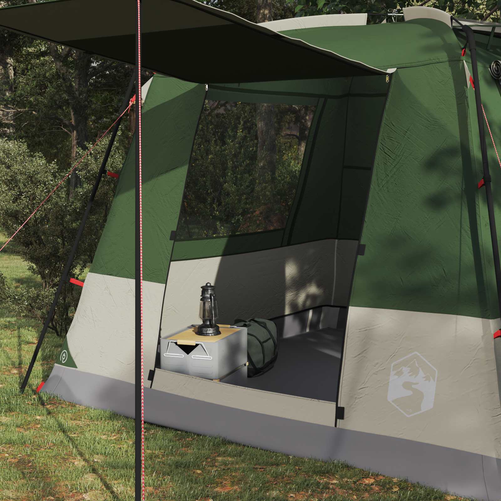 Detail van de vidaXL groene partytent met zijwand en interieur, inclusief lamp en opbergzak.
