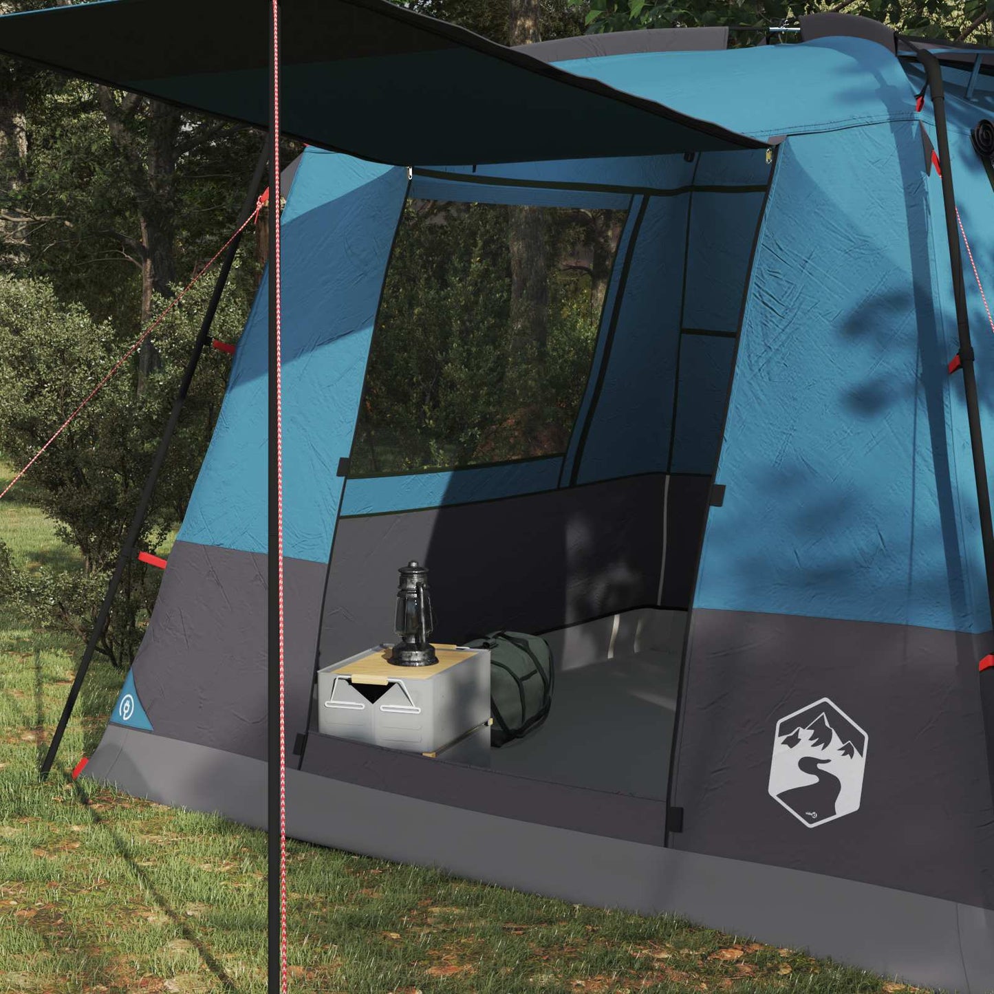 Detail van de vidaXL partytent in blauw met een open zijwand en lamp op de grond.