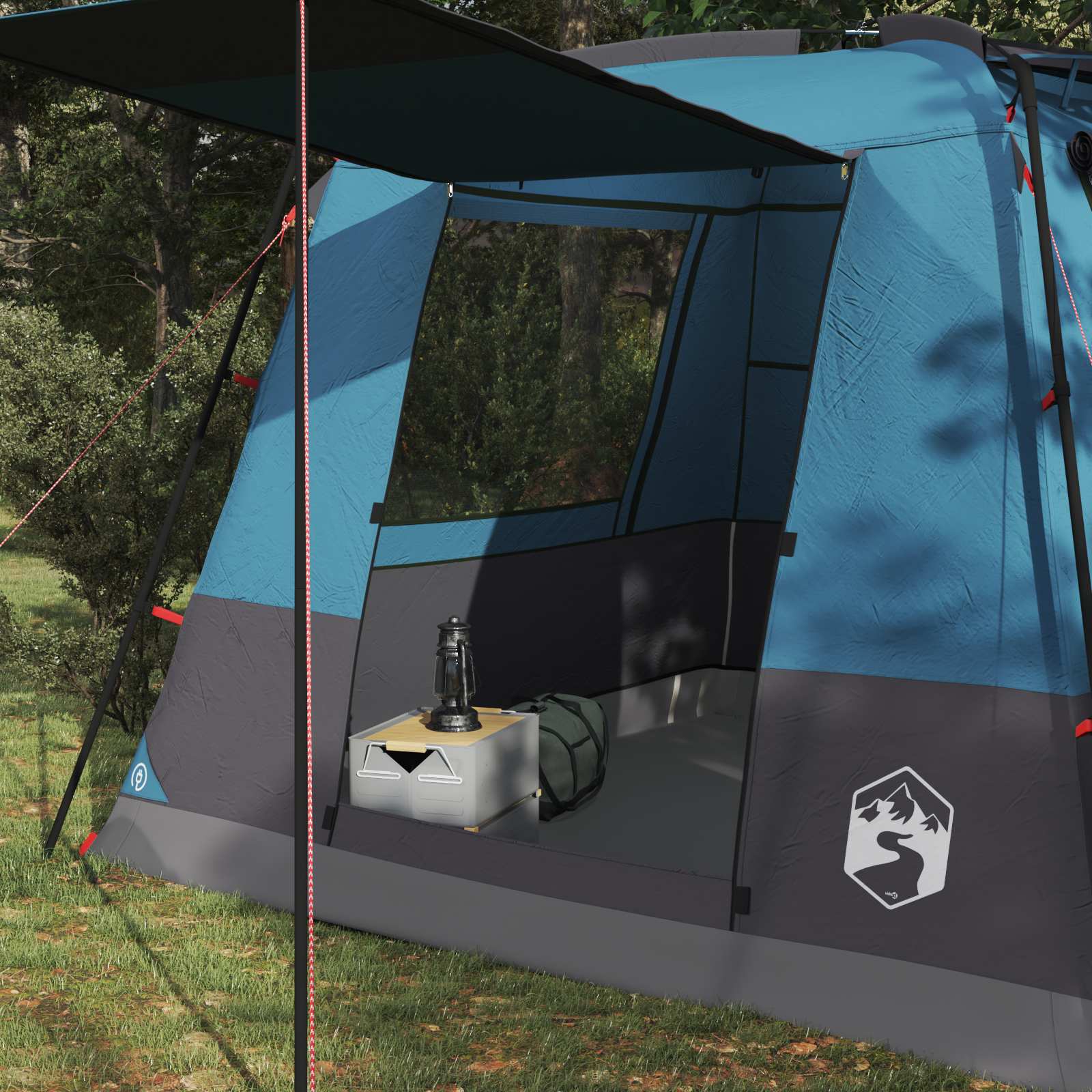 Detail van de vidaXL partytent in blauw met een open zijwand en lamp op de grond.