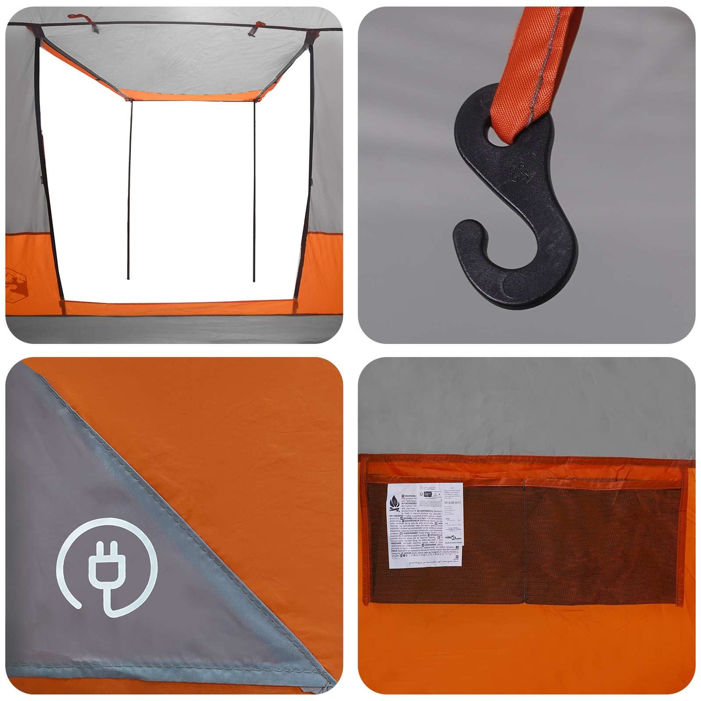 Detail van de grijze en oranje partytent met haak en waterdichte hoek.
