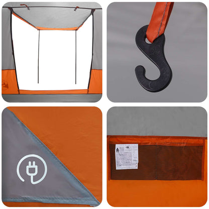 Detail van de grijze en oranje partytent met haak en waterdichte hoek.