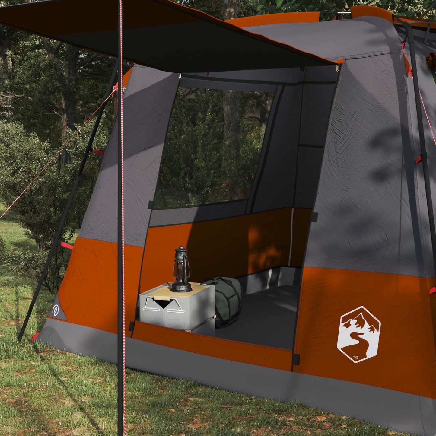 Detail van de vidaXL partytent met grijs en oranje kleuren, zijaanzicht van de ingang.