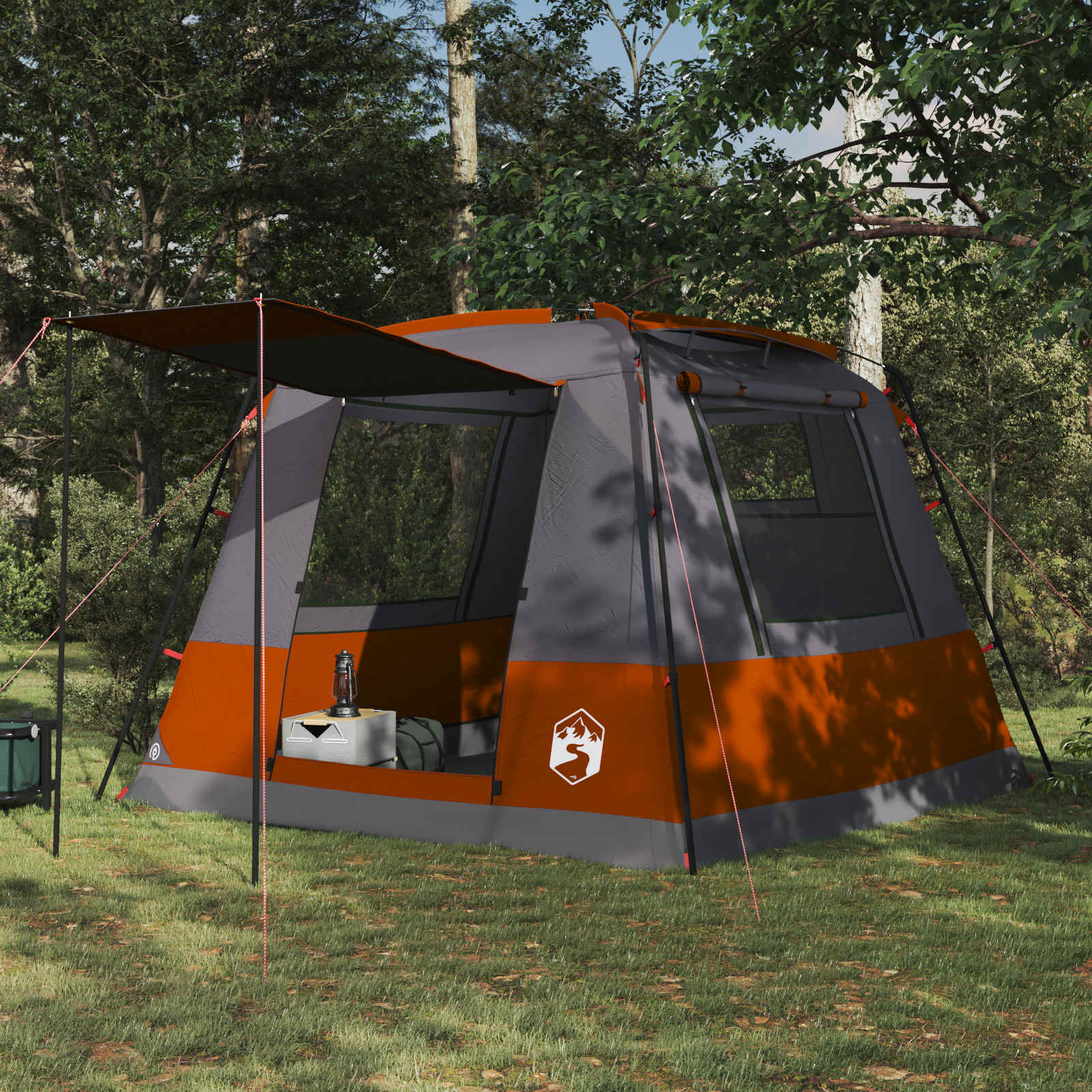 Grijze en oranje vidaXL partytent voor 10 personen, zijaanzicht in de natuur.