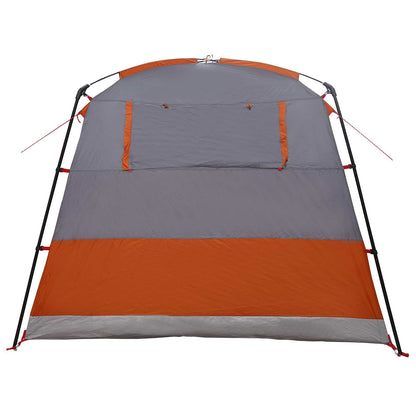 Detail van de grijze en oranje achterkant van de vidaXL partytent met ventilatieopeningen.