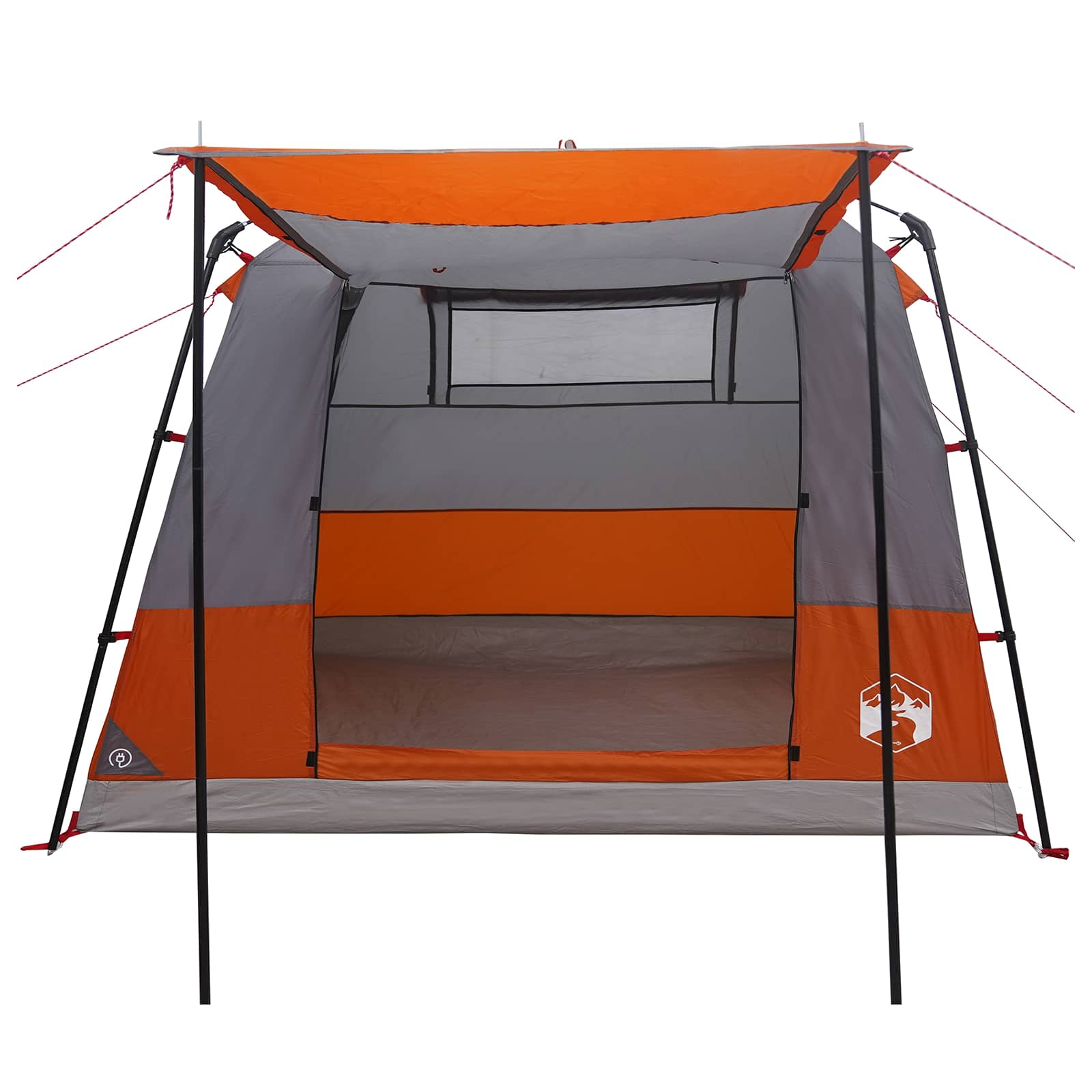 Detail van de vidaXL partytent in grijs en oranje, met open ingang en ventilatierooster.