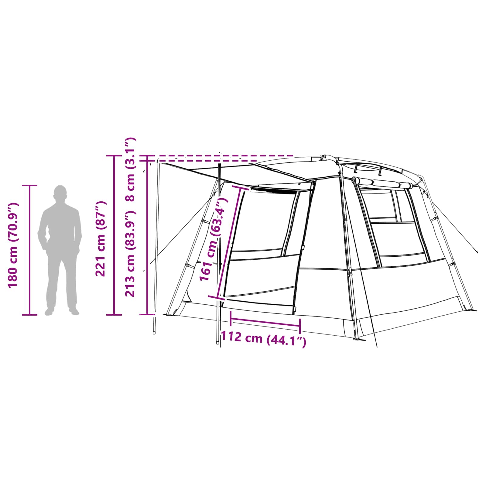 Detailweergave van de afmetingen van de vidaXL Grijs en Oranje partytent met een silhouet van een persoon.