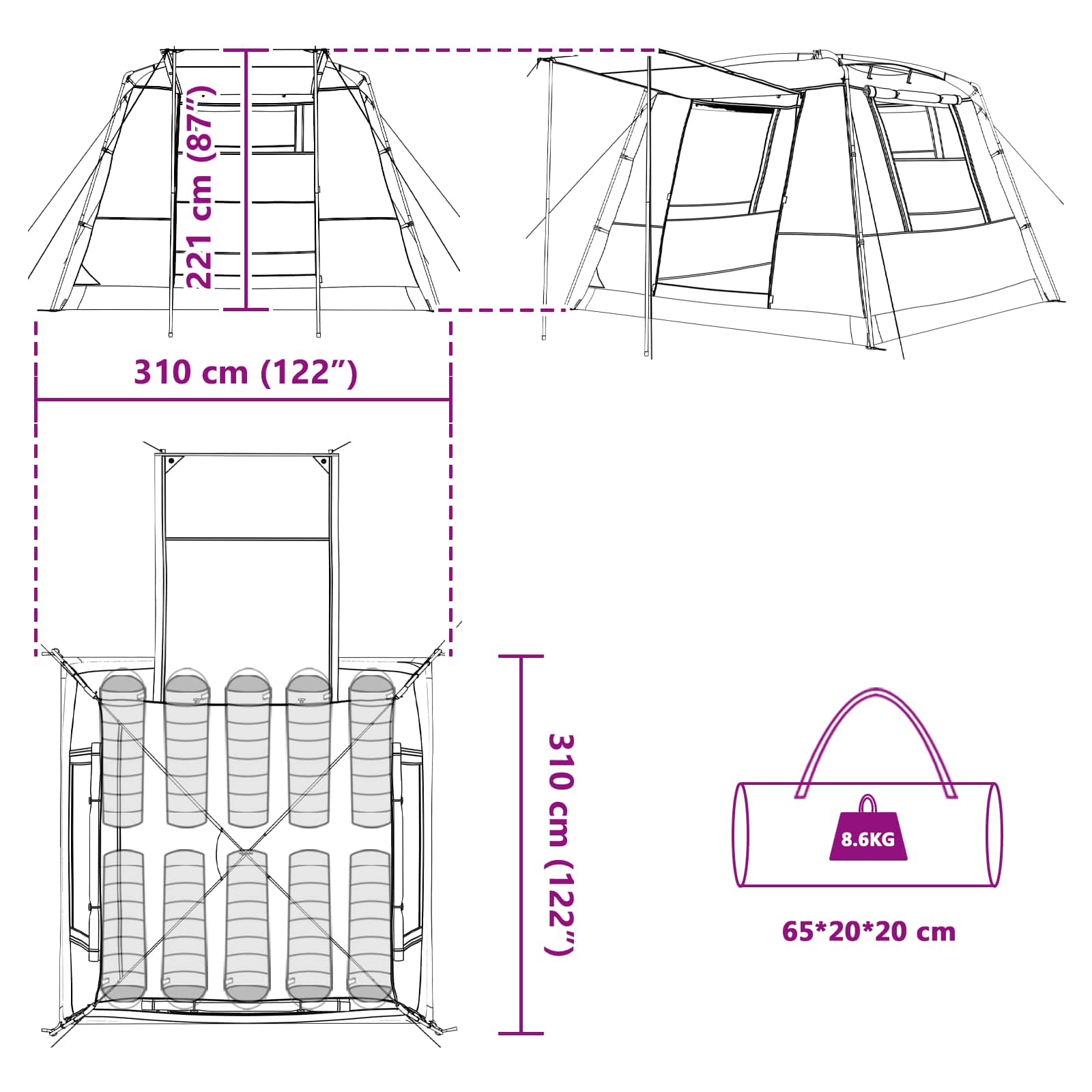 Detailtekening van de vidaXL Partytent Grijs en Oranje met afmetingen en draagtas.