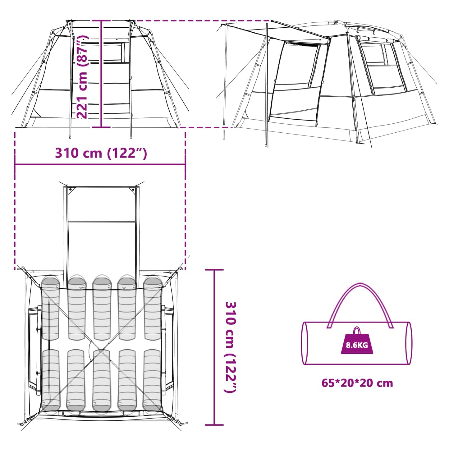 Detailtekening van de vidaXL Partytent met afmetingen en draagtas specificaties.