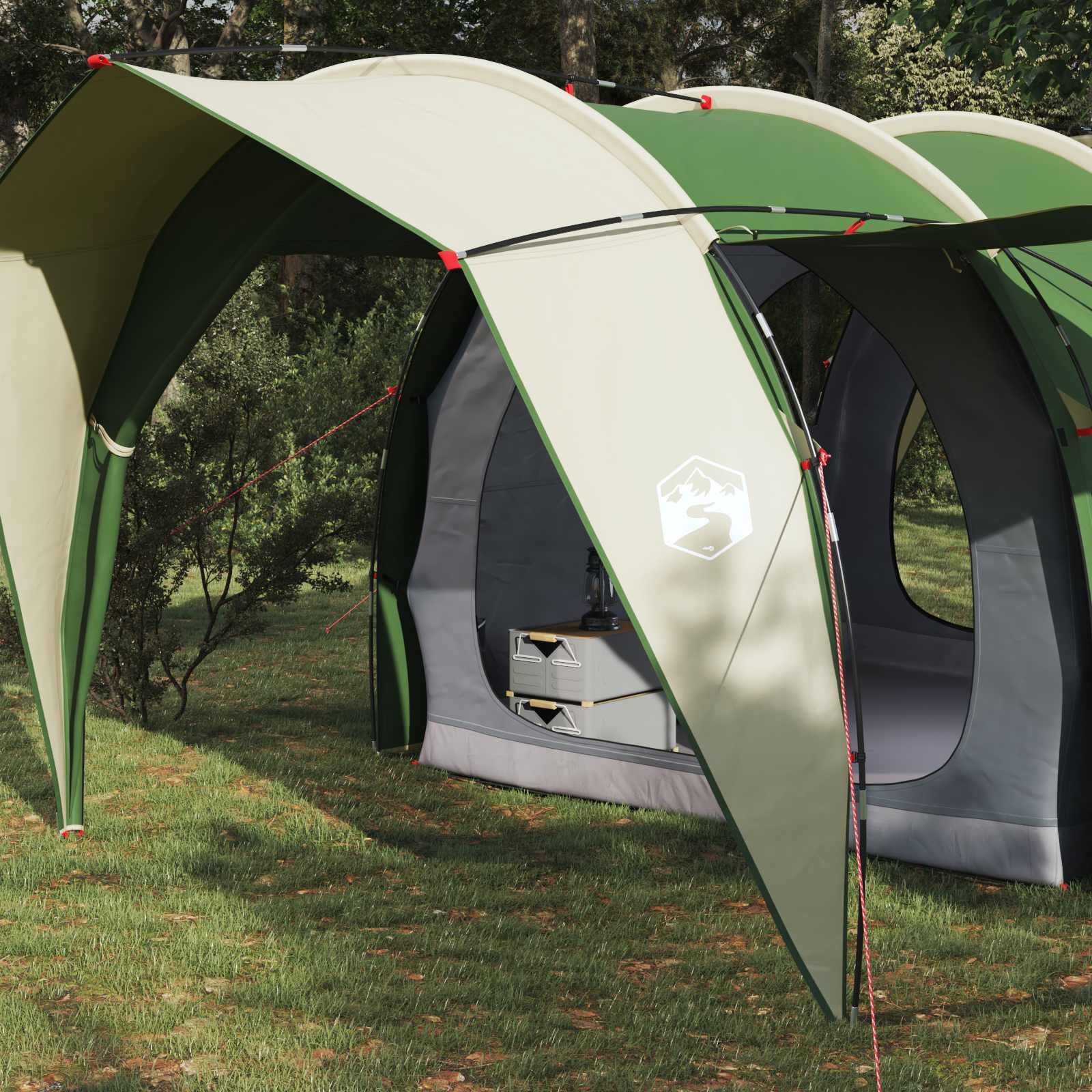 Detail van de vidaXL tunneltent met groene en beige kleur, zijaanzicht van de ingang.