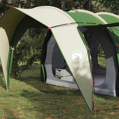Detail van de vidaXL tunneltent met groene en beige kleur, zijaanzicht van de ingang.