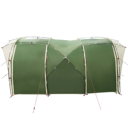 Detail van de vidaXL tunneltent in groen, zijaanzicht met stevige stokken en bevestigingslijnen.