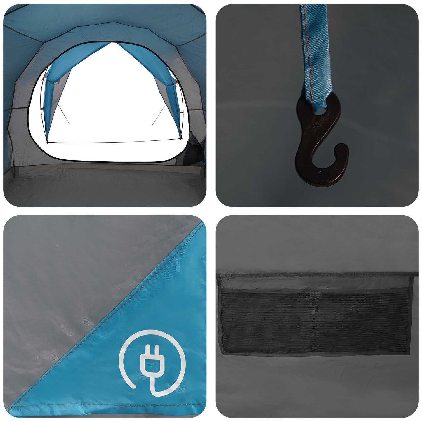 Detail van de binnenkant van de vidaXL tunneltent met haak en ventilatierooster.
