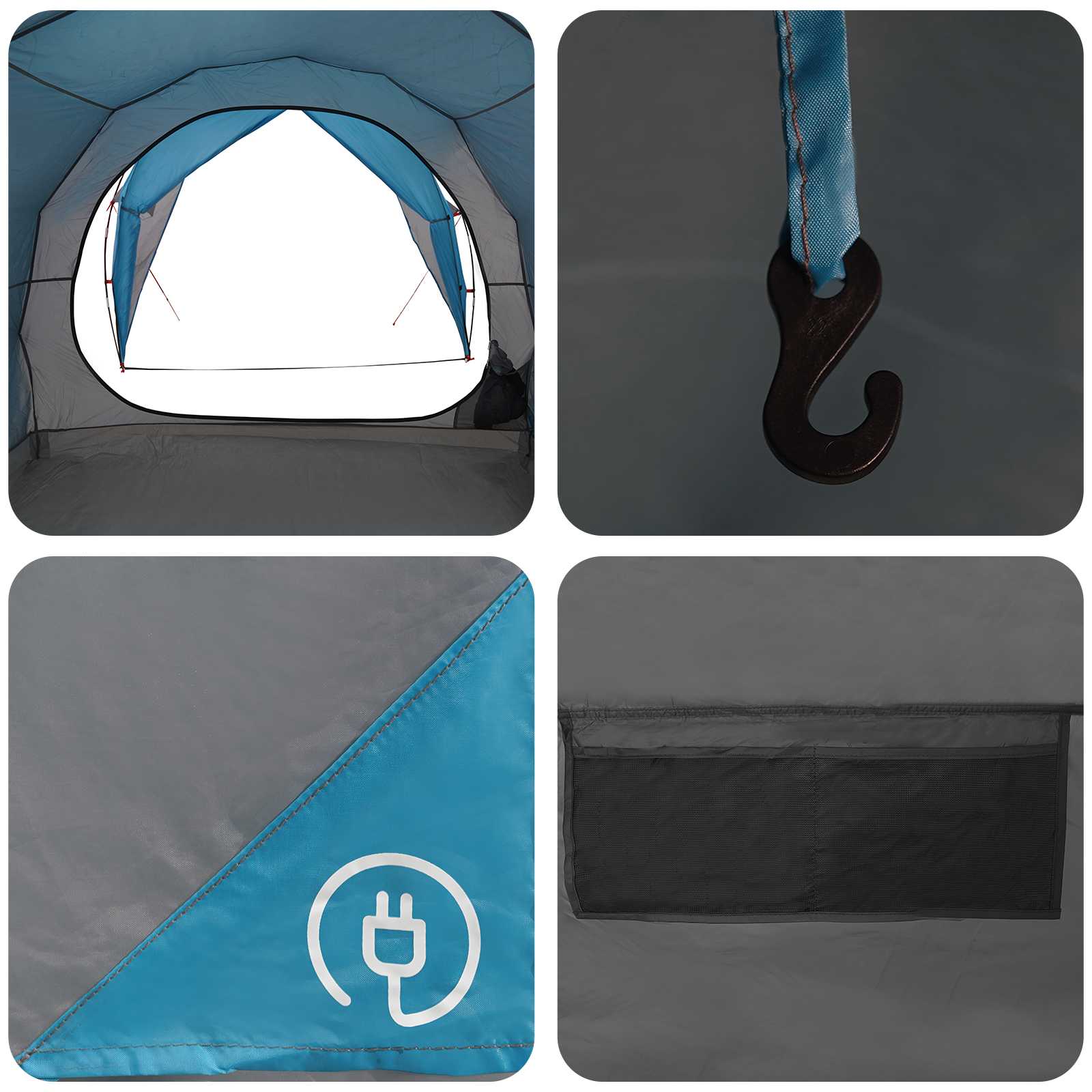 Detail van de binnenkant van de vidaXL tunneltent met haak en ventilatierooster.