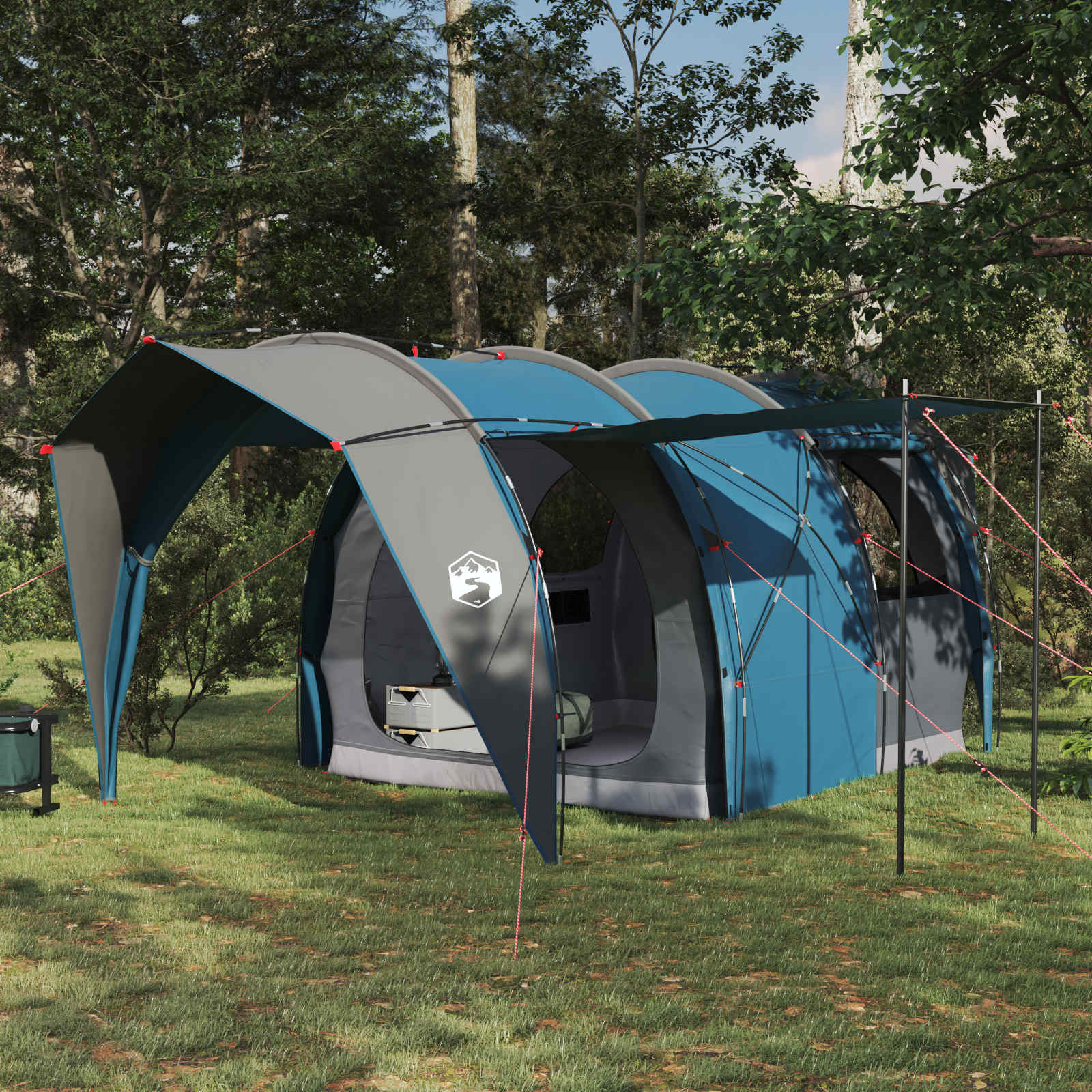 Ruime vidaXL tunneltent in blauw met grijze accenten, perfect voor gezinnen in de natuur.