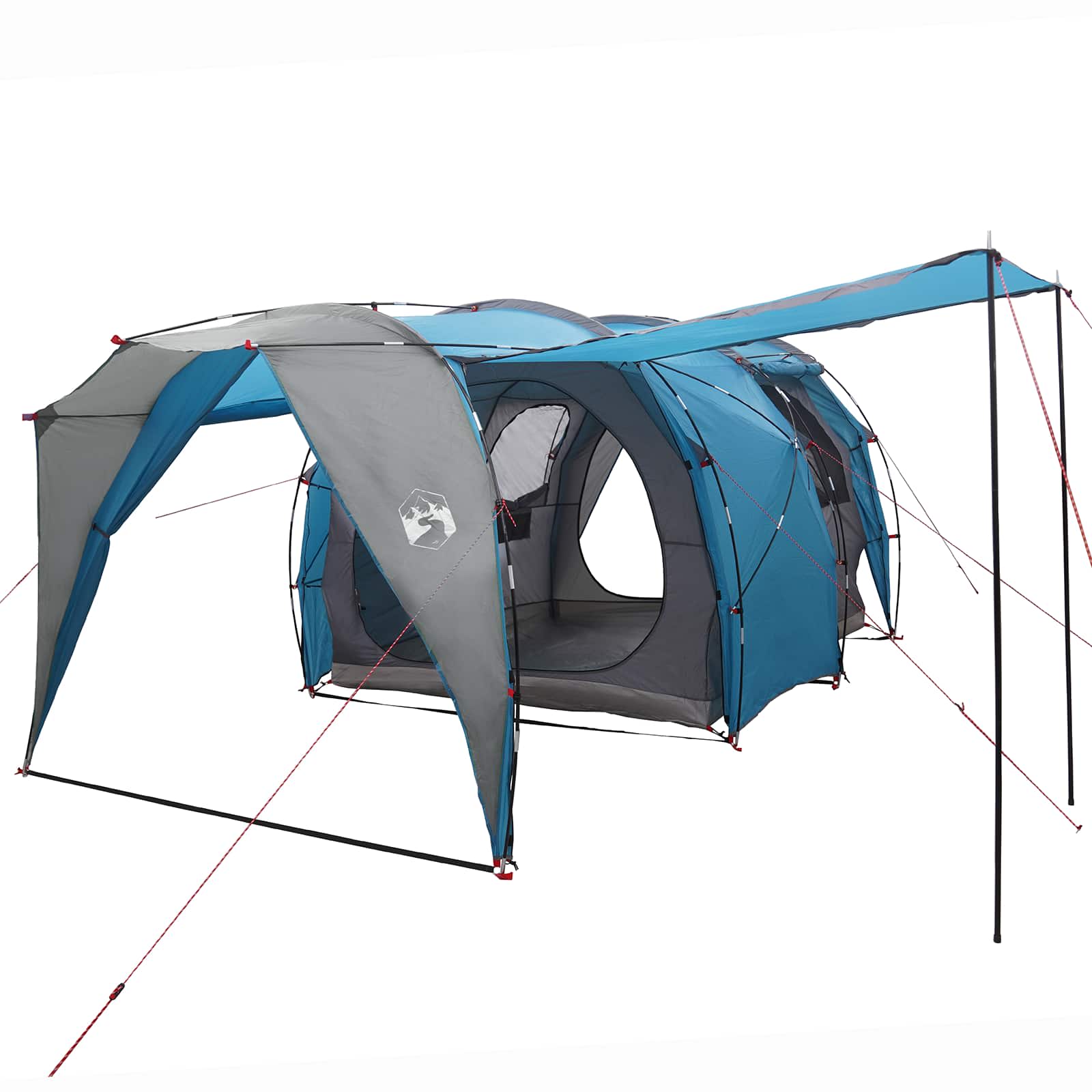 Zijaanzicht van de vidaXL tunneltent in blauw met ingangen en ventilatieroosters.