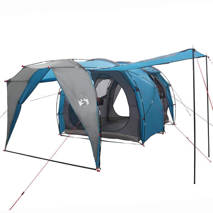 Zijaanzicht van de vidaXL tunneltent in blauw met ingangen en ventilatieroosters.