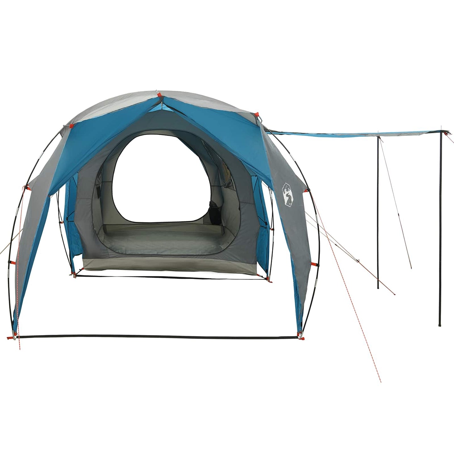 Zijaanzicht van de vidaXL tunneltent in blauw met een open ingang en luifel.